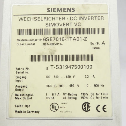Siemens Simovert Wechselrichter 2.2kW 6SE7016-1TA61-Z G97+K02+K11 6SE7090-0XX84-0AB0 6SE7090-0XX84-0KA0 - Maranos.de