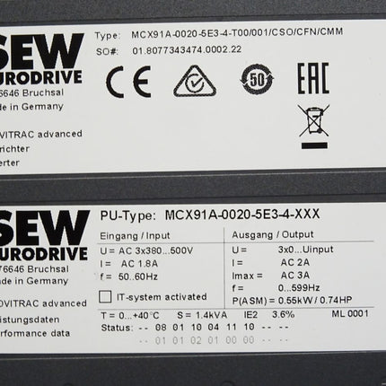 SEW Eurodrive Movitrac Umrichter 0.55kW MCX91A-0020-5E3-4-T00 Top Zustand Neuwertig - Maranos.de