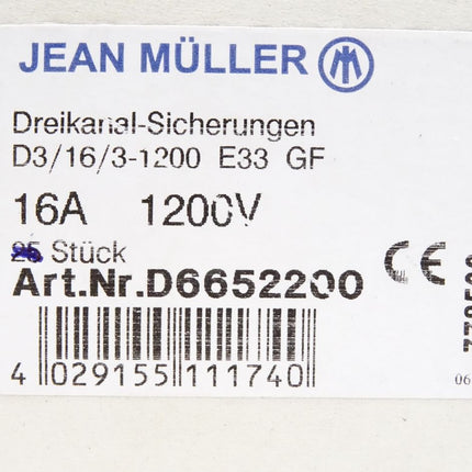 Jean Müller Dreikanal-Sicherungen D3/16/3/1200 / D3/16/3-1200 / 16A 1200V / D6652200 / Inhalt : 24 Stück / Neu OVP