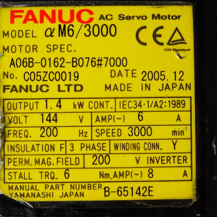 Fanuc Servomotor MDL AM6/3000 A06B-0162-B076 #7000 1.4kW 3000 min-1 - Maranos.de