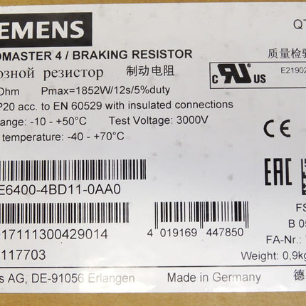 Siemens Micromaster 4 Bremswiderstand 6SE6400-4BD11-0AA0 390Ohm 1852W / Neu OVP