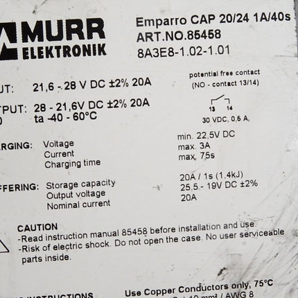 Murr Elektronik 85458 Emparro Cap Puffermodul 4VDC/20A 1A/40s - Maranos.de