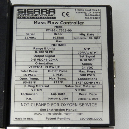 Sierra Instruments Mass Flow Controller FT492-17323-00