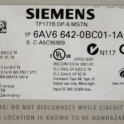 Siemens Panel TP177B DP-6 MSTN 6AV6642-0BC01-1AX1