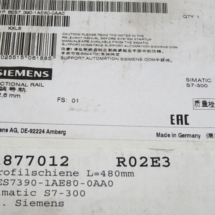 Siemens Profilschiene 6ES7390-1AE80-AA0 / 6ES7 390-1AE80-0AA0 / Neu versiegelt