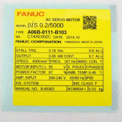 FANUC AC SERVO MOTOR A06B-0111-B103 ßiS 0.2/5000 Servomotor - NEU-OVP