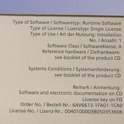 Siemens 6AV6613-1FA01-1CA0 Runtime Software 6AV6 613-1FA01-1CA0 NEU