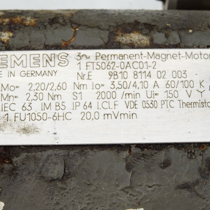 Siemens Permanent Magnet Motor Servomotor 1FT5062-0AC01-2 2000min-1