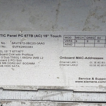 Siemens 6AV7872-0BC20-0AA0 Simatic Panel PC 677B 6AV7 872-0BC20-0AA0