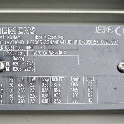 Siemens Getriebemotor 1AV3104B 1LE1003-1AB43-4FA4 2.2kW 1465min-1 Unbenutzt - Maranos.de