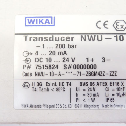 Wika Transducer NWU-10-1...200bar 7515824 / Neu OVP - Maranos.de