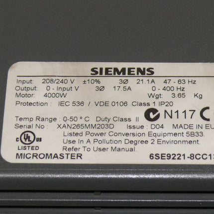 Siemens 6SE9221-8CC13 Micromaster Frequenzumrichter 6SE9 221-8CC13 NEU
