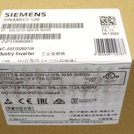 Siemens Sinamics V20 6SL3210-5BE24-0UV0 6SL3 210-5BE24-0UV0 / Neu OVP versiegelt - Maranos.de