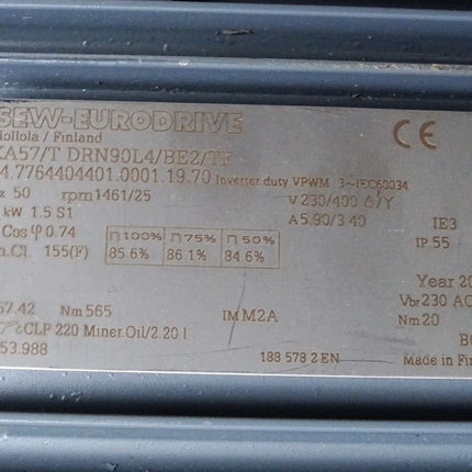 SEW Eurodrive Getriebemotor KA57/T DRN90L4/BE2/TF KA57/TDRN90L4/BE2/TF 1.5kW 1461/25rpm i57.42 Unbenutzt - Maranos.de