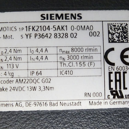 Siemens Simotics 1FK2104-5AK10-0MA0 S-1FK2 HD Servomotor 1,07kW 6000U/min - Maranos.de