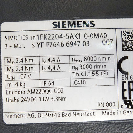 Siemens Simotics Servomotor 1FK2204-5AK10-0MA0 1FK2204-5AK1