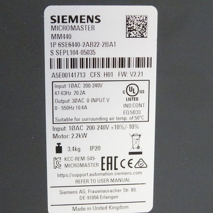 Siemens Micromaster MM440 6SE6440-2AB22-2BA1 2.2kW / Neu - Maranos.de