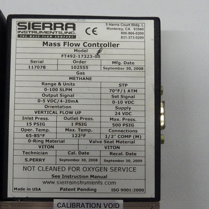 Sierra Instruments Mass Flow Controller FT492-17323-00 / 102555