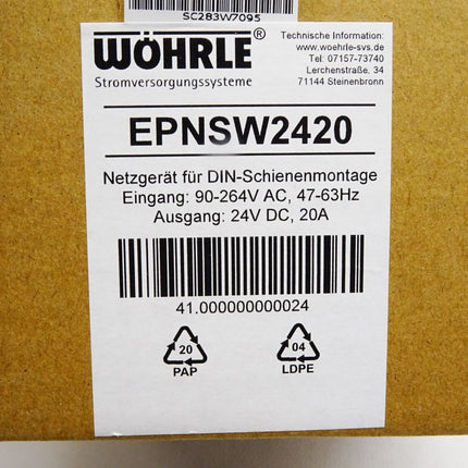 Wöhrle EPNSW2420 Netzgerät für DIN-Schienenmontage 24VDC 20A / Neu OVP - Maranos.de